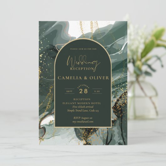 Modern Emerald Green Gold Agate Wedding RecEPING Kaart (Staand voorkant)