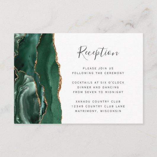 Modern Emerald Green Gold Agate Wedding Reception Informatiekaartje (Voorkant)