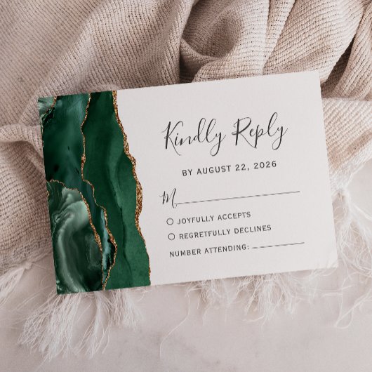 Modern Emerald Green Gold Agate Wedding RSVP Kaart