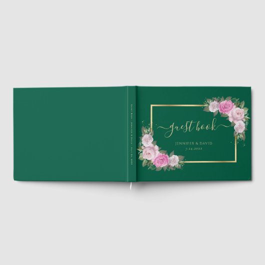 Modern Emerald Green Gold Blush Bloemen Huwelijk Gastenboek (Volledig)