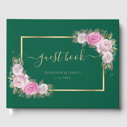 Modern Emerald Green Gold Blush Bloemen Huwelijk Gastenboek (Voorkant)