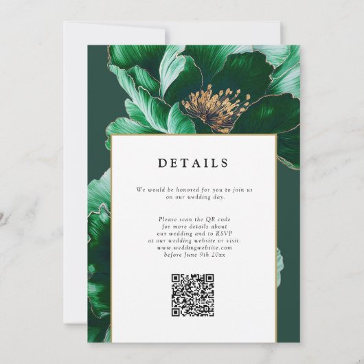 Modern Emerald Green Gold Floral QR Code Huwelijk Kaart (Achterkant)