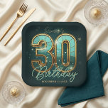 Modern Emerald Green Gold Typography 30th Birthday Papieren Bordje<br><div class="desc">Elevate your milestone celebration with these sophisticated emerald green and gold 30th birthday paper plates. Featuring a striking, modern 3D-effect "30" in metallic gold and aqua tones, this layout is set against a deep teal background accented with festive bokeh sparkles and light-refracting details. Perfect for a man’s or woman’s birthday...</div>