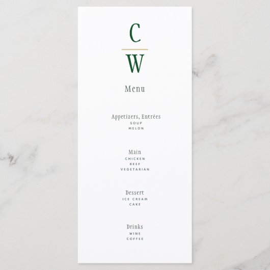 Modern Emerald Green Gold Wedding Monogrammed Menu (Voorkant)