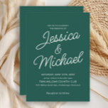 Modern Emerald Green Ivory Script Wedding Kaart<br><div class="desc">Deze diepe smaragdgroene huwelijksuitnodiging combineert tijdloze elegantie met moderne eenvoud. Het sierlijke script voor de namen van het paar voegt een romantisch tintje toe, terwijl de strakke witte tekst en de minimale lay-out dit ontwerp ideaal maken voor officiële bruiloften, botanische thema's of op natuur geïnspireerde feesten. Ideaal voor winter- of...</div>