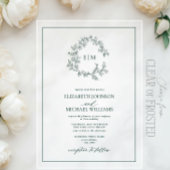 Modern Emerald Green Leafy Crest Monogram Weddensc Acryl Uitnodigingen