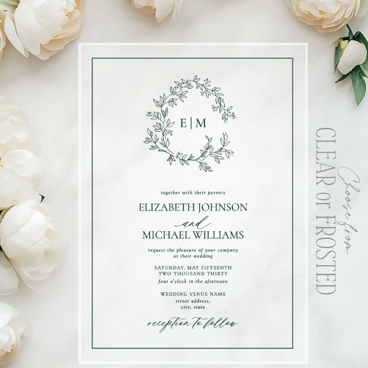 Modern Emerald Green Leafy Crest Monogram Weddensc Acryl Uitnodigingen