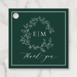 Modern Emerald Green Leafy Crest Monogram Weddensc Bedankjes Labels