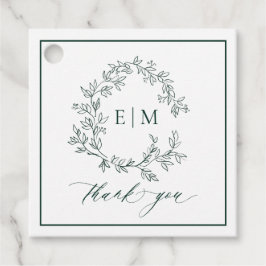Modern Emerald Green Leafy Crest Monogram Weddensc Bedankjes Labels