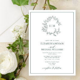 Modern Emerald Green Leafy Crest Monogram Weddensc Kaart