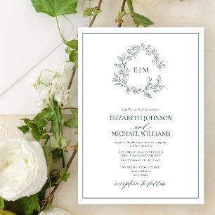 Modern Emerald Green Leafy Crest Monogram Weddensc Kaart