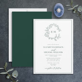 Modern Emerald Green Leafy Crest Monogram Weddensc Kaart
