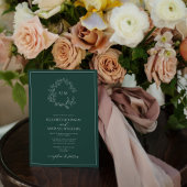 Modern Emerald Green Leafy Crest Monogram Weddensc Kaart
