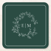 Modern Emerald Green Leafy Crest Monogram Weddensc Kartonnen Onderzetters (Voorkant)
