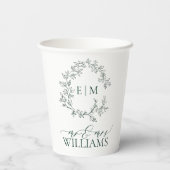 Modern Emerald Green Leafy Crest Monogram Weddensc Papieren Bekers (Achterkant)