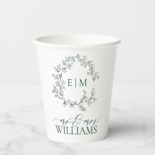 Modern Emerald Green Leafy Crest Monogram Weddensc Papieren Bekers