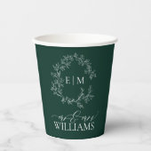 Modern Emerald Green Leafy Crest Monogram Weddensc Papieren Bekers (Voorkant)