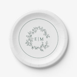 Modern Emerald Green Leafy Crest Monogram Weddensc Papieren Bordje