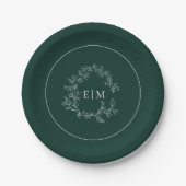 Modern Emerald Green Leafy Crest Monogram Weddensc Papieren Bordje (Voorkant)