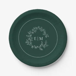 Modern Emerald Green Leafy Crest Monogram Weddensc Papieren Bordje