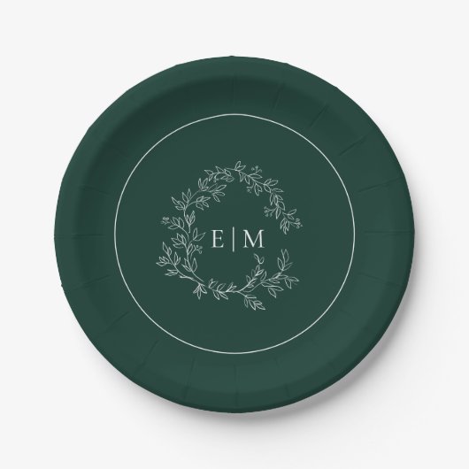 Modern Emerald Green Leafy Crest Monogram Weddensc Papieren Bordje (Voorkant)