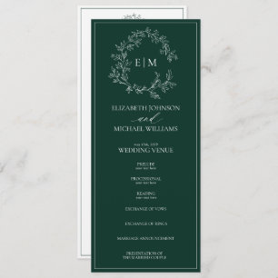 Modern Emerald Green Leafy Crest Monogram Weddensc Programmakaart