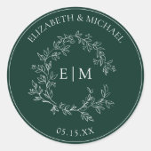 Modern Emerald Green Leafy Crest Monogram Weddensc Ronde Sticker (Voorkant)