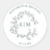 Modern Emerald Green Leafy Crest Monogram Weddensc Ronde Sticker (Voorkant)