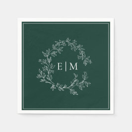 Modern Emerald Green Leafy Crest Monogram Weddensc Servet