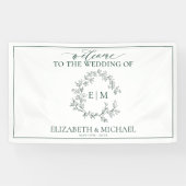 Modern Emerald Green Leafy Crest Monogram Weddensc Spandoek (Horizontaal)