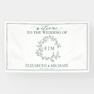 Modern Emerald Green Leafy Crest Monogram Weddensc Spandoek