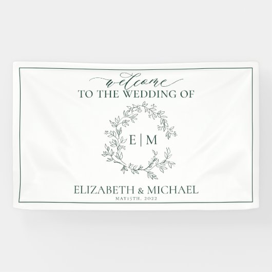 Modern Emerald Green Leafy Crest Monogram Weddensc Spandoek (Horizontaal)