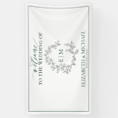 Modern Emerald Green Leafy Crest Monogram Weddensc Spandoek (Verticaal)