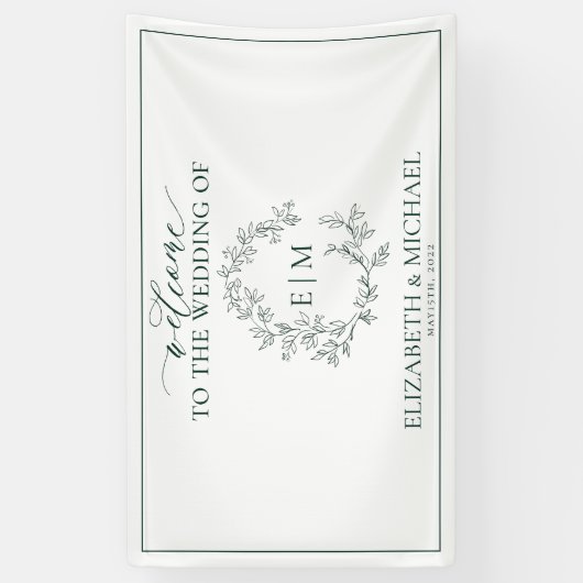 Modern Emerald Green Leafy Crest Monogram Weddensc Spandoek (Verticaal)