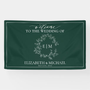 Modern Emerald Green Leafy Crest Monogram Weddensc Spandoek