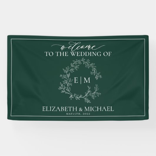Modern Emerald Green Leafy Crest Monogram Weddensc Spandoek (Horizontaal)