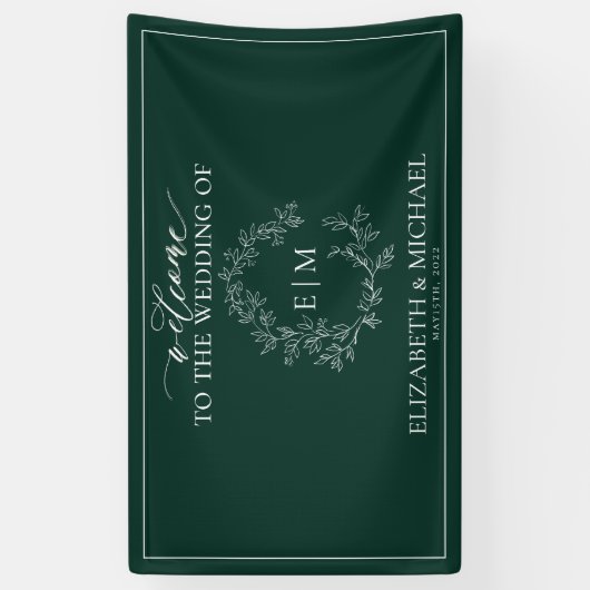 Modern Emerald Green Leafy Crest Monogram Weddensc Spandoek (Verticaal)