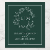 Modern Emerald Green Leafy Crest Monogram Weddensc Wijn Etiket (Enkel label)