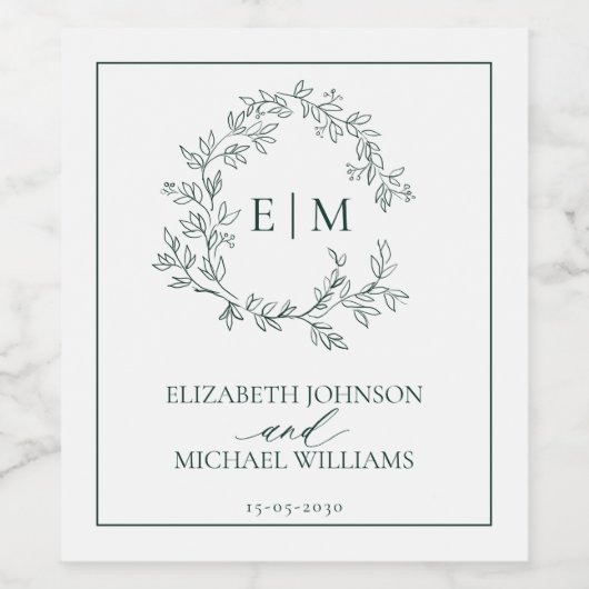 Modern Emerald Green Leafy Crest Monogram Weddensc Wijn Etiket (Enkel label)