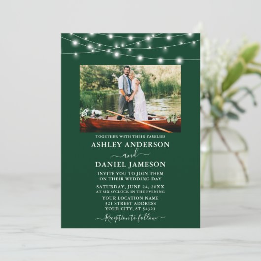 Modern Emerald Green Lights Fotobruiloft Kaart (Staand voorkant)