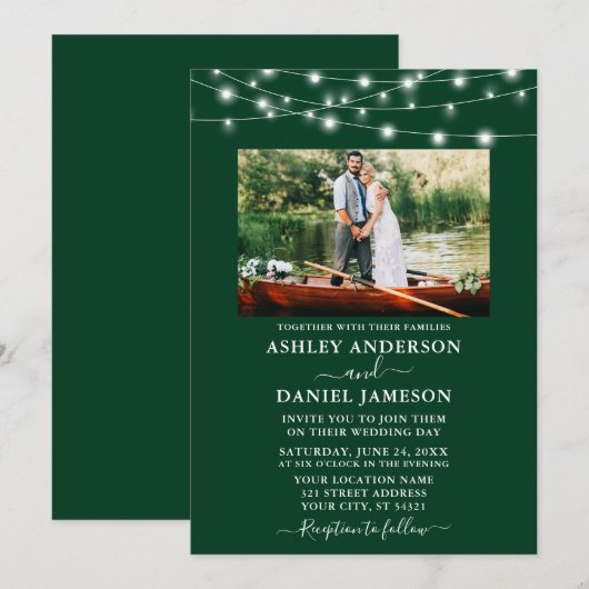 Modern Emerald Green Lights Fotobruiloft Kaart (Voorkant / Achterkant)
