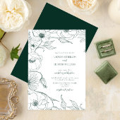 Modern Emerald Green Line Art Floral Wedding Kaart