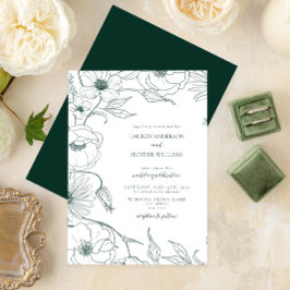 Modern Emerald Green Line Art Floral Wedding Kaart