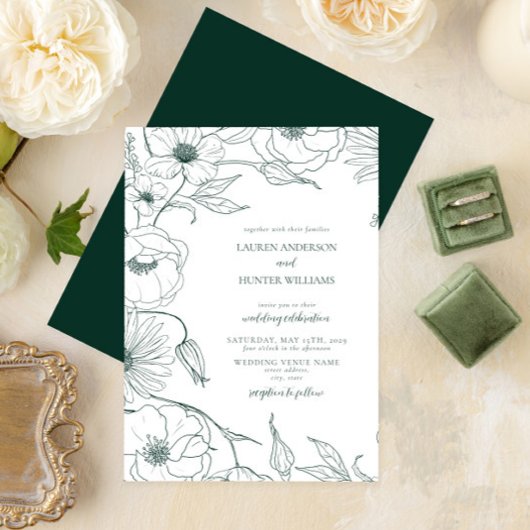 Modern Emerald Green Line Art Floral Wedding Kaart