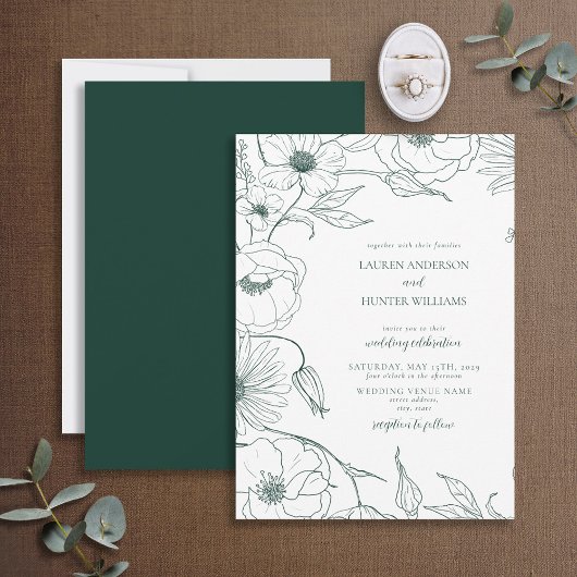 Modern Emerald Green Line Art Floral Wedding Kaart