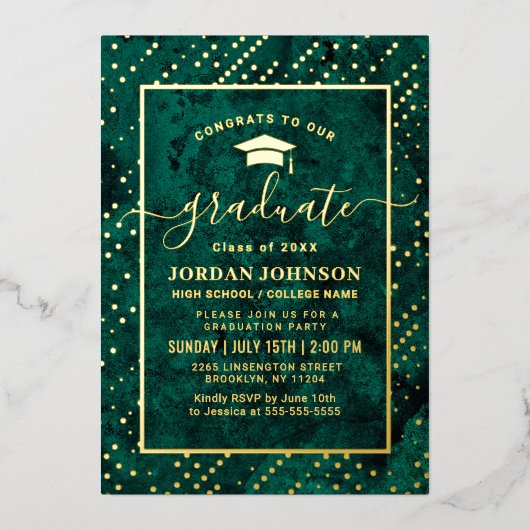 Modern Emerald Green Marble Graduation Party Gold Folie Uitnodiging (Voorkant)