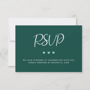 Modern Emerald Green met Hearts Wedding RSVP Kaartje