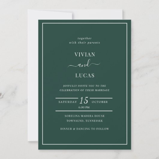 Modern Emerald Green Minimal Wedding Kaart (Voorkant)