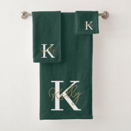 Modern Emerald Green Monogram Script Bad Handdoek