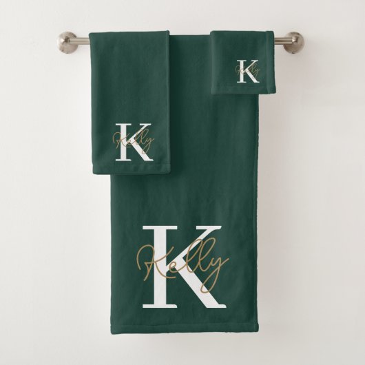 Modern Emerald Green Monogram Script Bad Handdoek (Insitu)